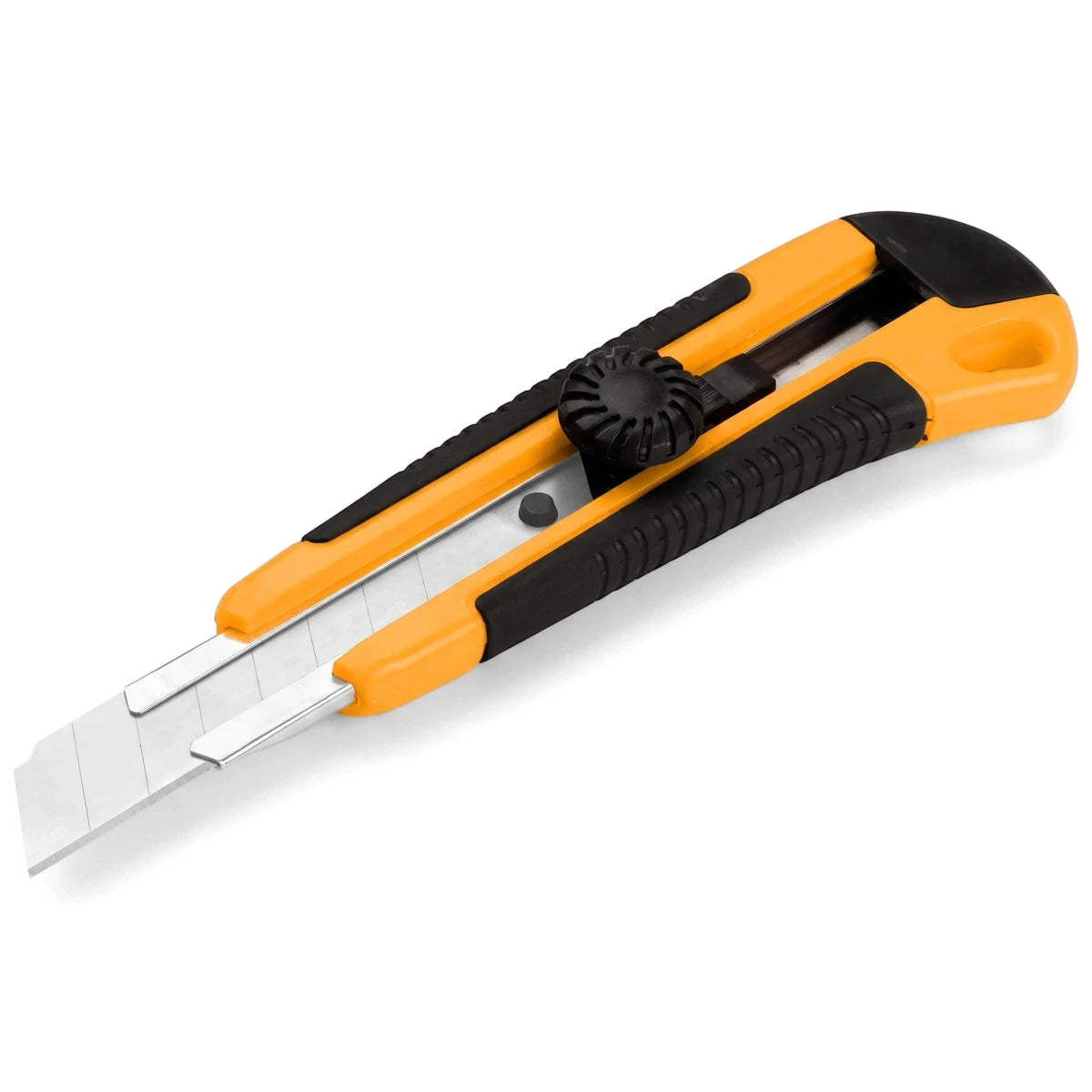Tolsen 18mm snap-off utility knife with an orange and black ABS+TPR handle and manual lock, angled view