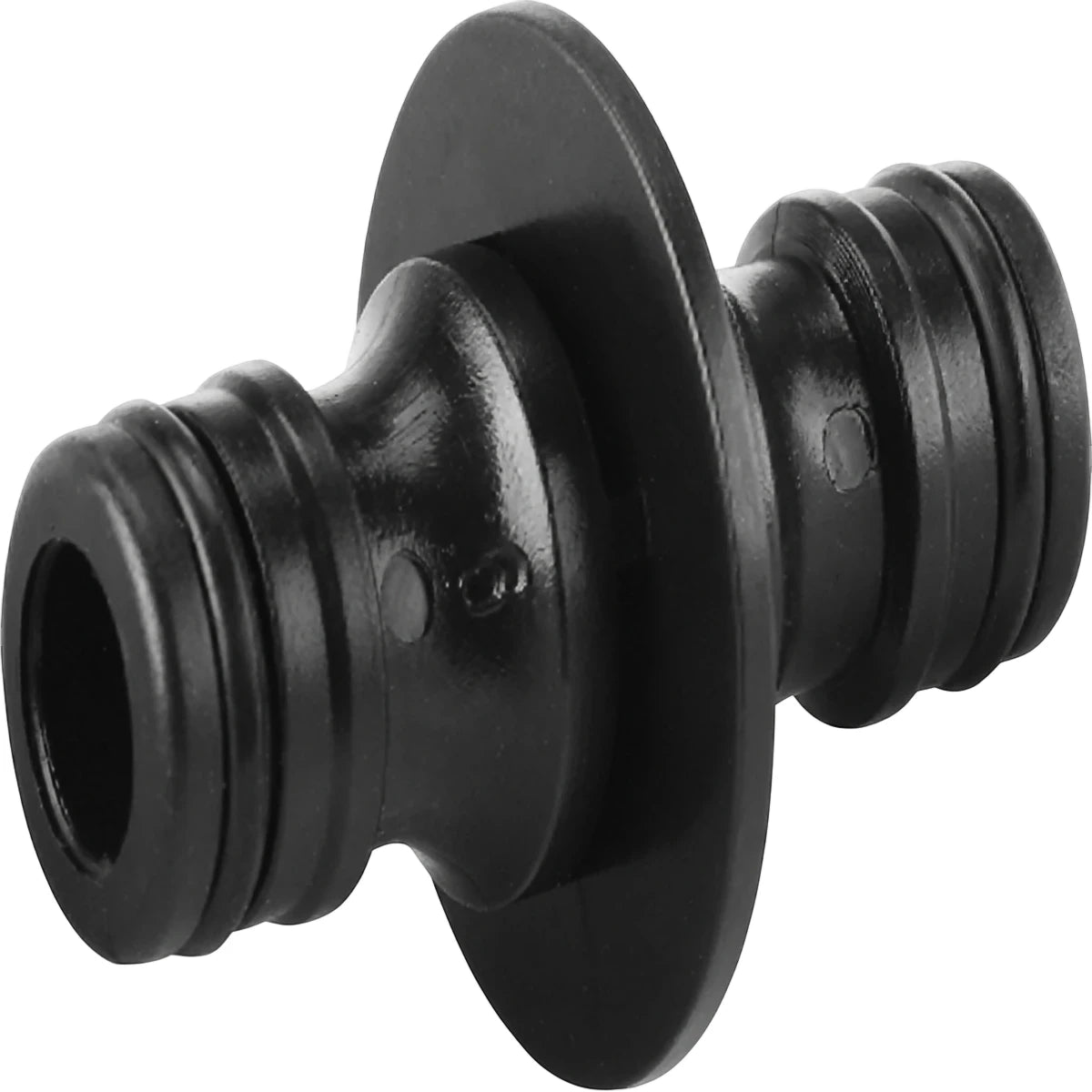Tolsen 2-Way Garden Hose Coupling, 1/2 inch, black plastic connector for garden hoses, angled view.
