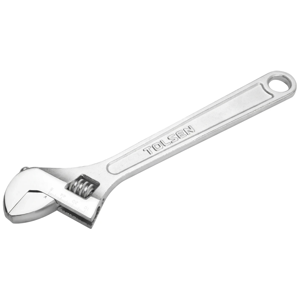 Silver Tolsen 200mm adjustable wrench, a versatile metallic hand tool with a movable jaw mechanism.