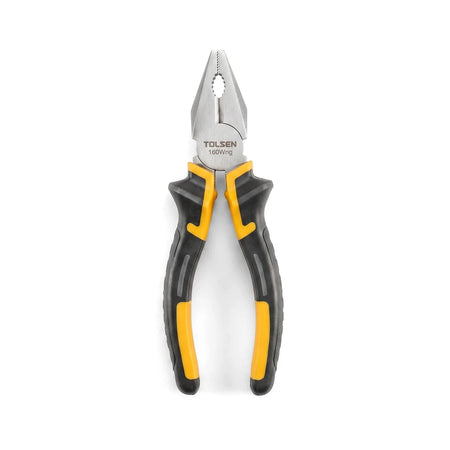 A single Tolsen 200mm combination pliers with a silver head and black and yellow ergonomic handles, displayed upright.