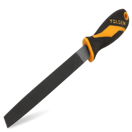 A 200mm Tolsen flat file with a black and yellow ergonomic handle and a dark gray metal blade.
