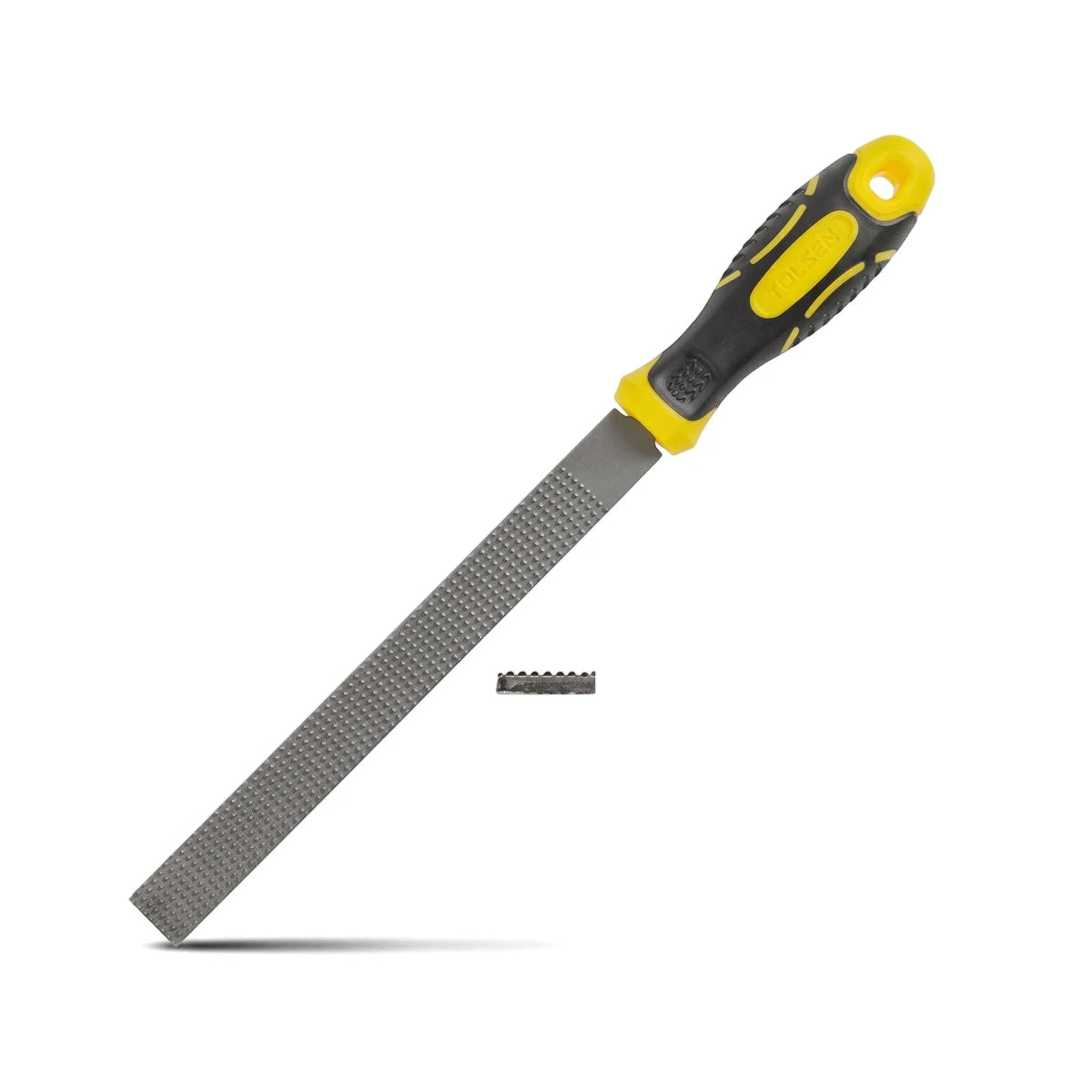 Tolsen 200mm flat wood rasp file with a textured gray blade and an ergonomic black and yellow handle, angled diagonally.
