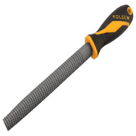Tolsen 200mm half-round file with a grey textured blade and black and yellow ergonomic handle for woodworking.