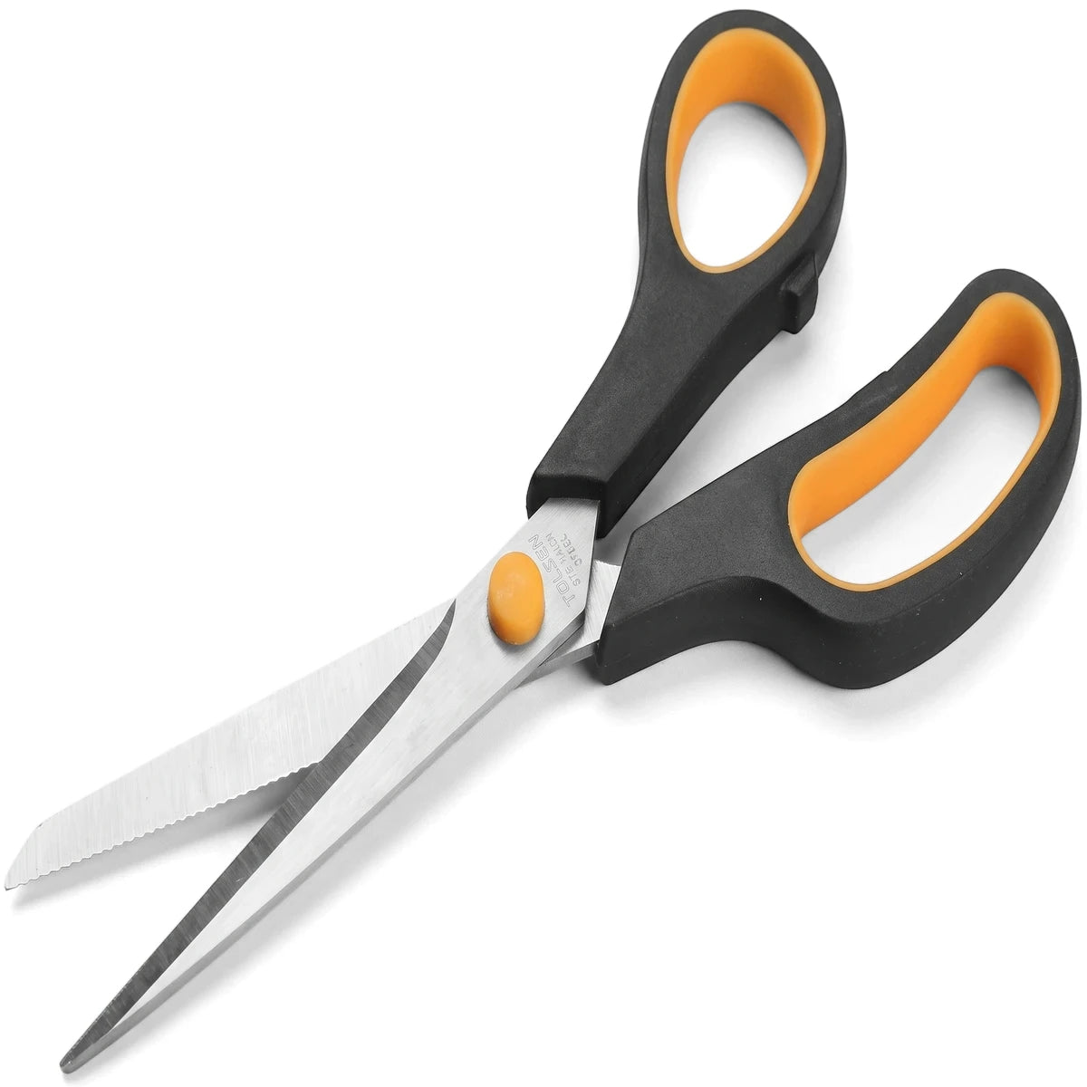 Tolsen 200mm household scissors with black and orange handles and silver blades, shown slightly open.