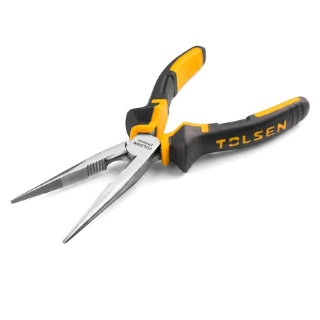 Tolsen 200mm long nose pliers with yellow and black handles and polished silver metal jaws, for precision gripping.