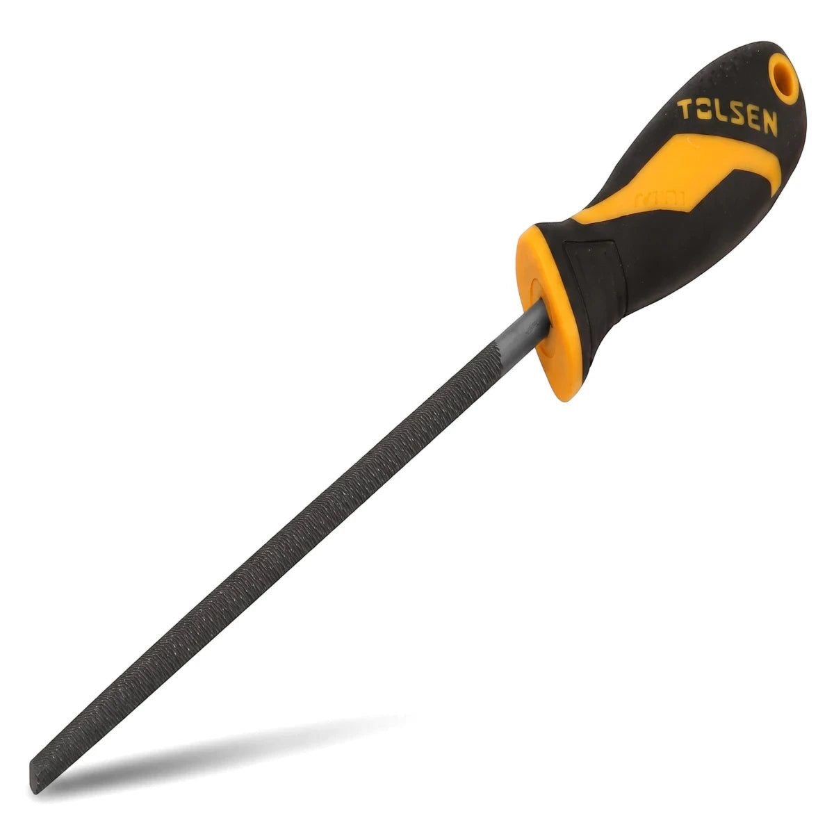 Tolsen 200mm round file with a black and yellow ergonomic handle, used for shaping and smoothing metal or wood.