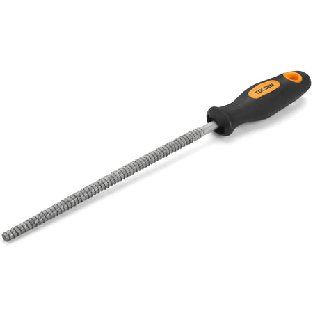 Tolsen Round Wood File with Handle, 200mm, featuring a black and orange ergonomic grip and a textured metal shaft, shown at