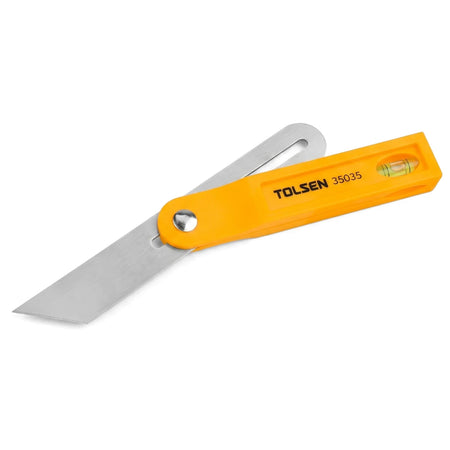 Tolsen 200mm sliding bevel with a bright yellow plastic handle, silver metal blade, and an integrated spirit level.