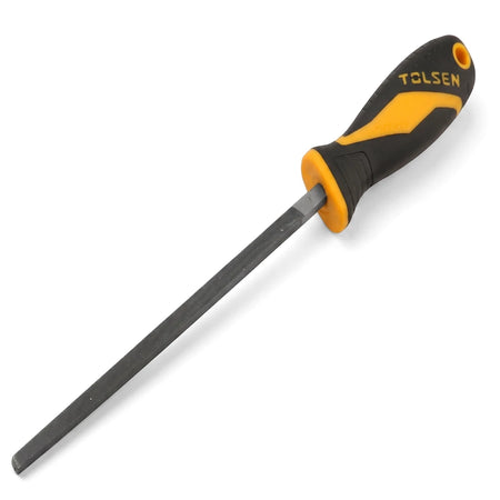 Tolsen 200mm square file with ergonomic black and yellow handle for filing and shaping metal, shown diagonally.