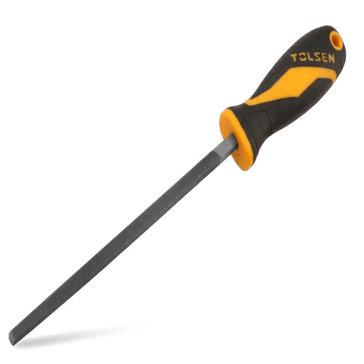 Tolsen 200mm Triangle/3-Square File with an ergonomic black and yellow handle, angled diagonally on a white background.