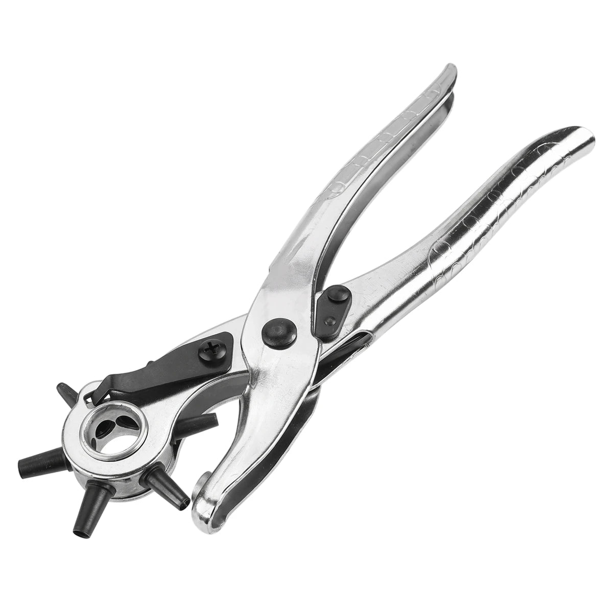Tolsen 220mm revolving punch pliers in silver metal, featuring multiple punch sizes for leather, fabric, and crafting.