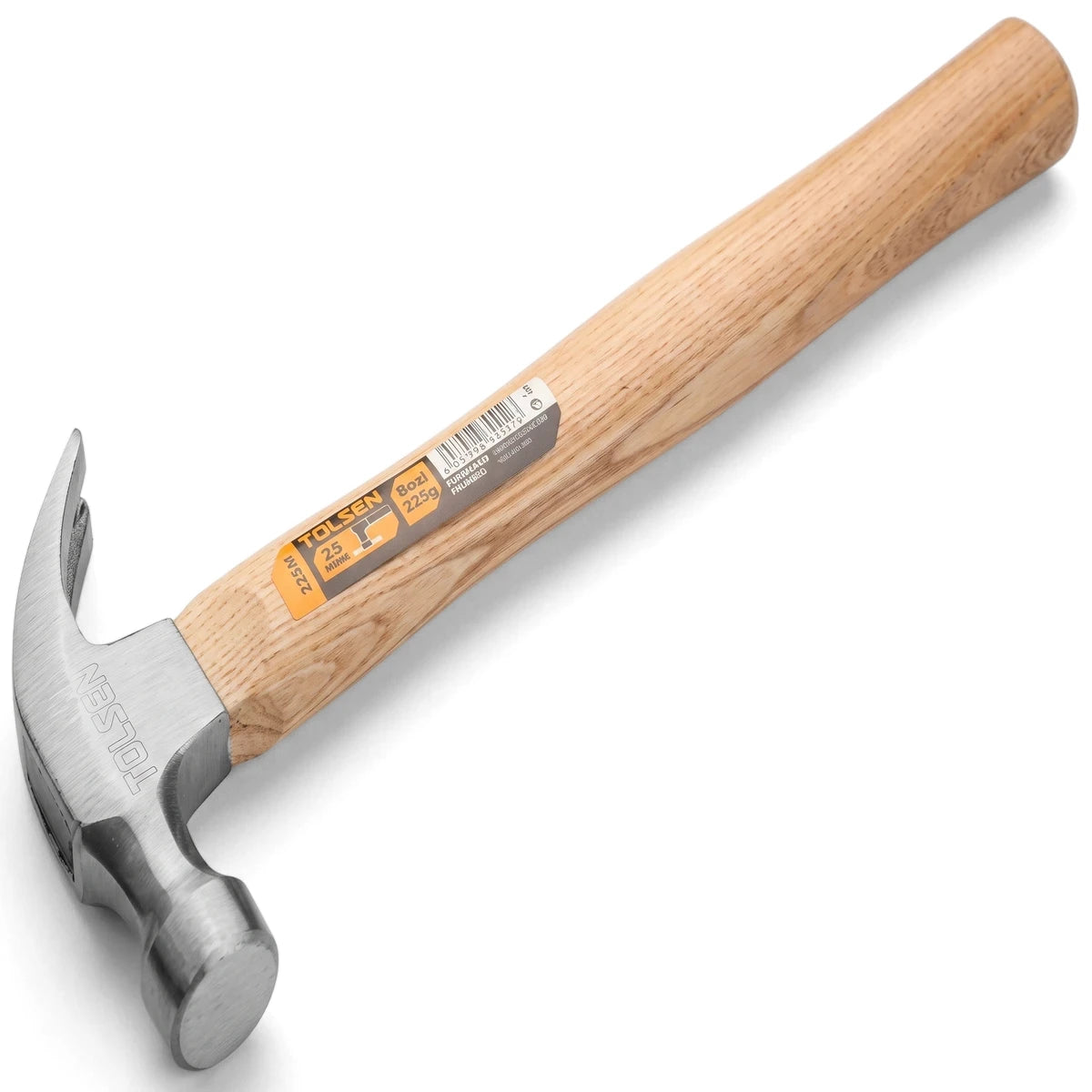 A Tolsen 225g (8oz) claw hammer with a polished metal head, curved claw, and a light-colored wooden handle, oriented