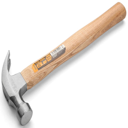 A Tolsen 225g (8oz) claw hammer with a polished metal head, curved claw, and a light-colored wooden handle, oriented