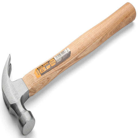 A Tolsen 225g (8oz) claw hammer with a polished metal head, curved claw, and a light-colored wooden handle, oriented