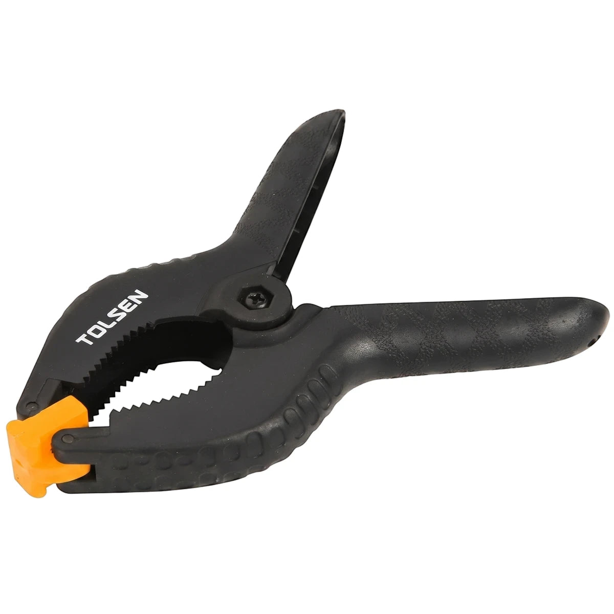 A black Tolsen 225mm spring clamp with bright orange pivoting jaw tips, designed for strong gripping in woodworking or