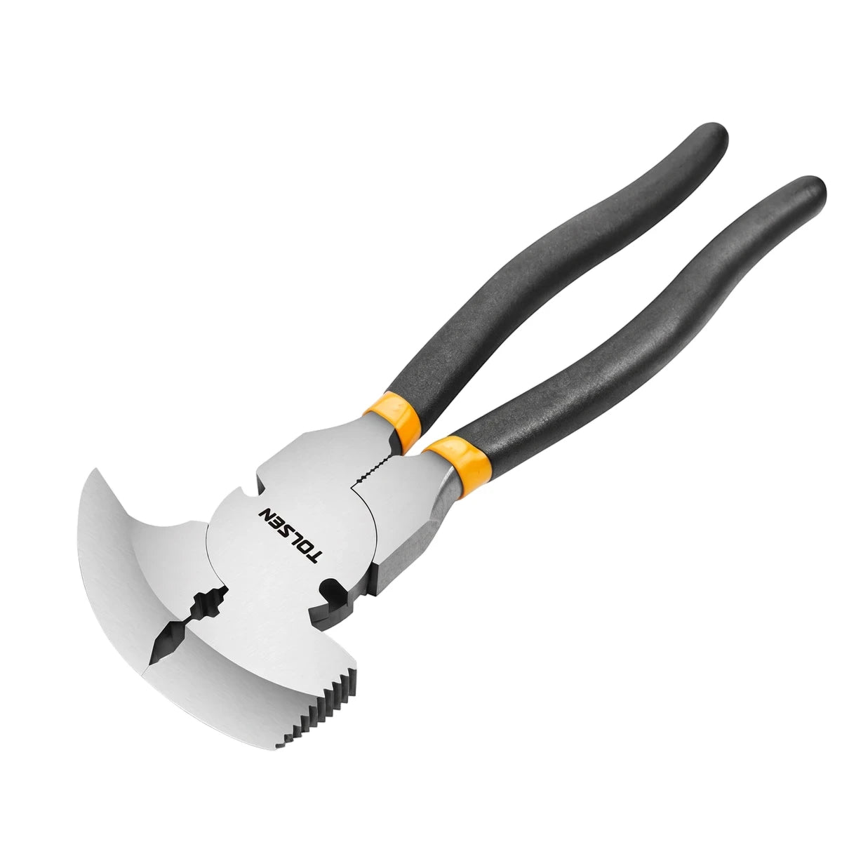 Tolsen 250mm fencing pliers with silver metallic head and black ergonomic handles accented with yellow bands, a versatile