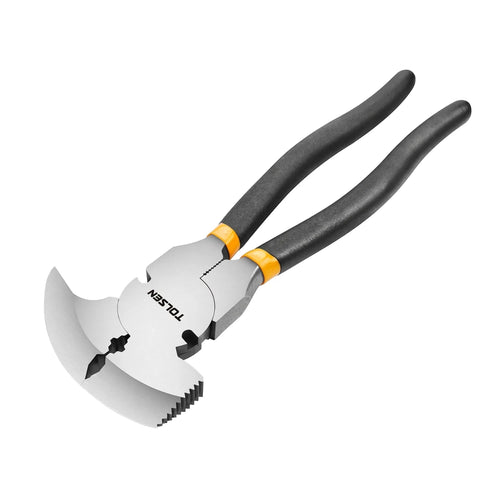 Tolsen 250mm fencing pliers with silver metallic head and black ergonomic handles accented with yellow bands, a versatile