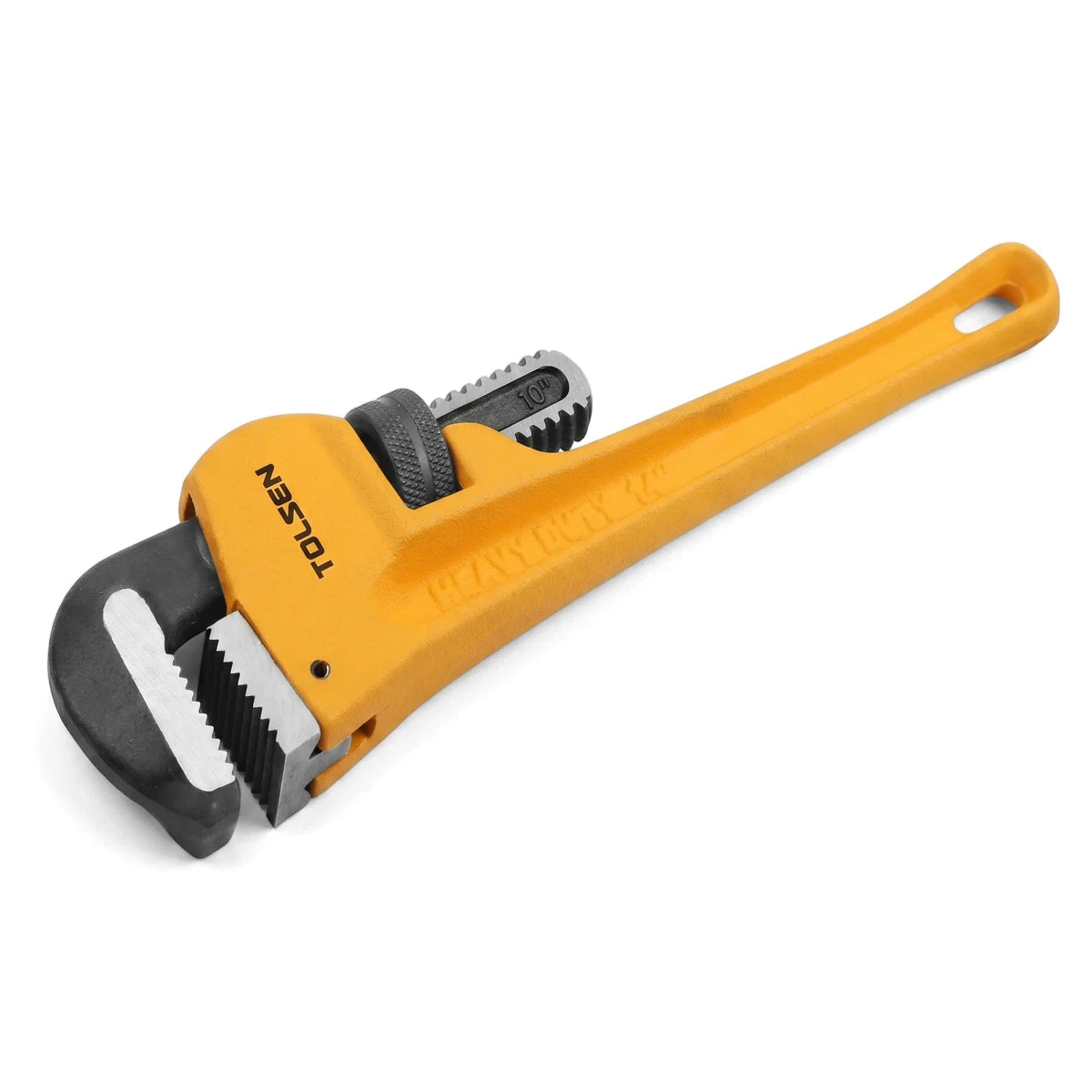 Yellow and black Tolsen 250mm heavy-duty pipe wrench, shown angled for plumbing and tightening tasks.