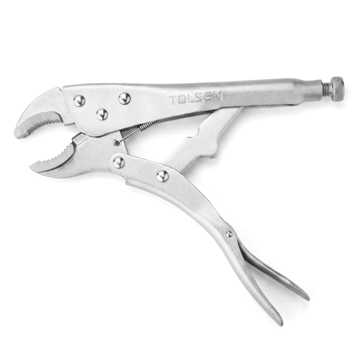 Silver metal Tolsen 250mm locking pliers with curved jaws and adjustable screw shown horizontally.