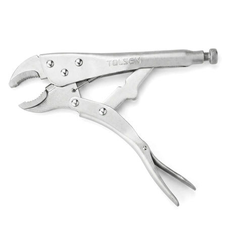 Silver metal Tolsen 250mm locking pliers with curved jaws and adjustable screw shown horizontally.
