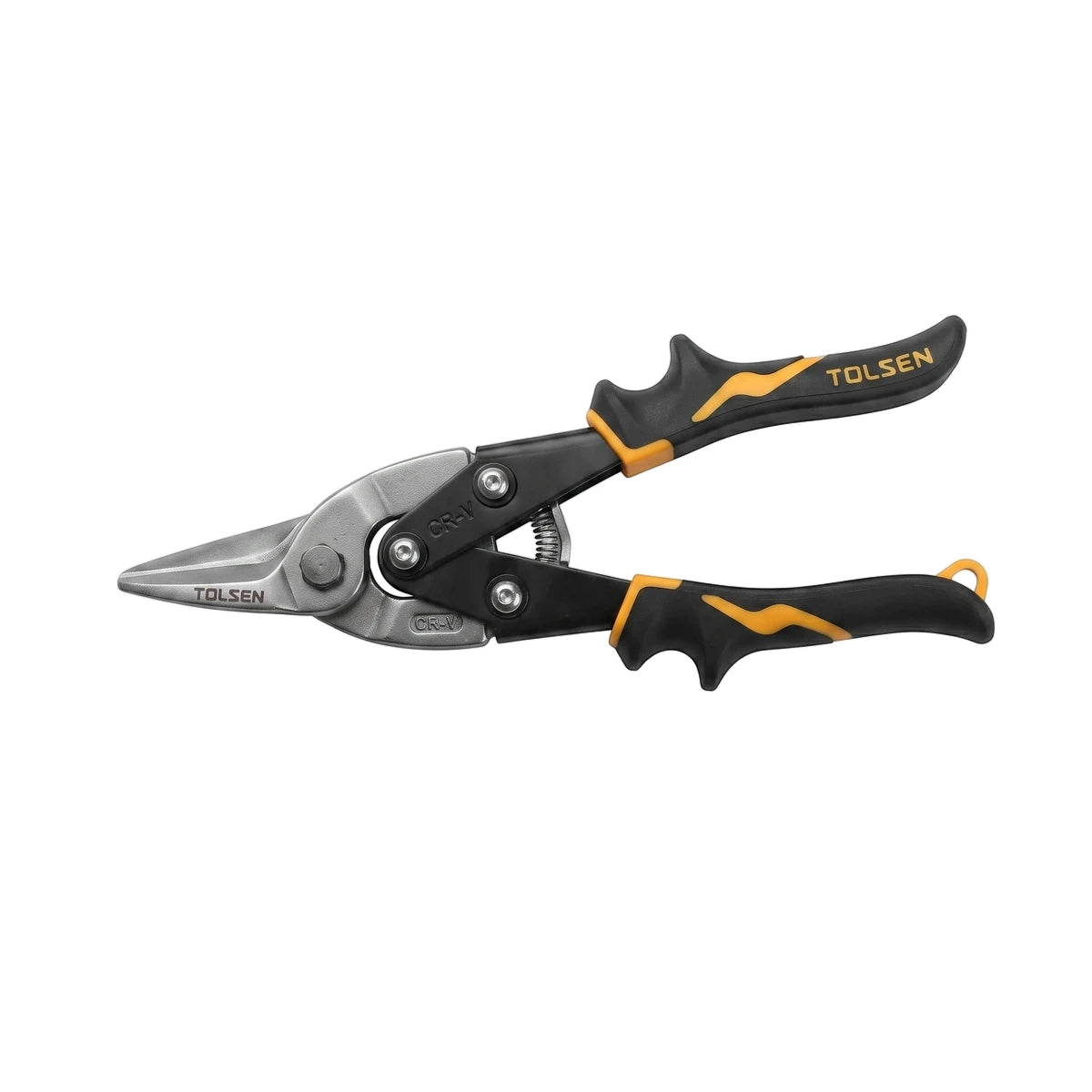 Tolsen 250mm straight aviation tin snips with yellow and black ergonomic handles for sheet metal cutting.