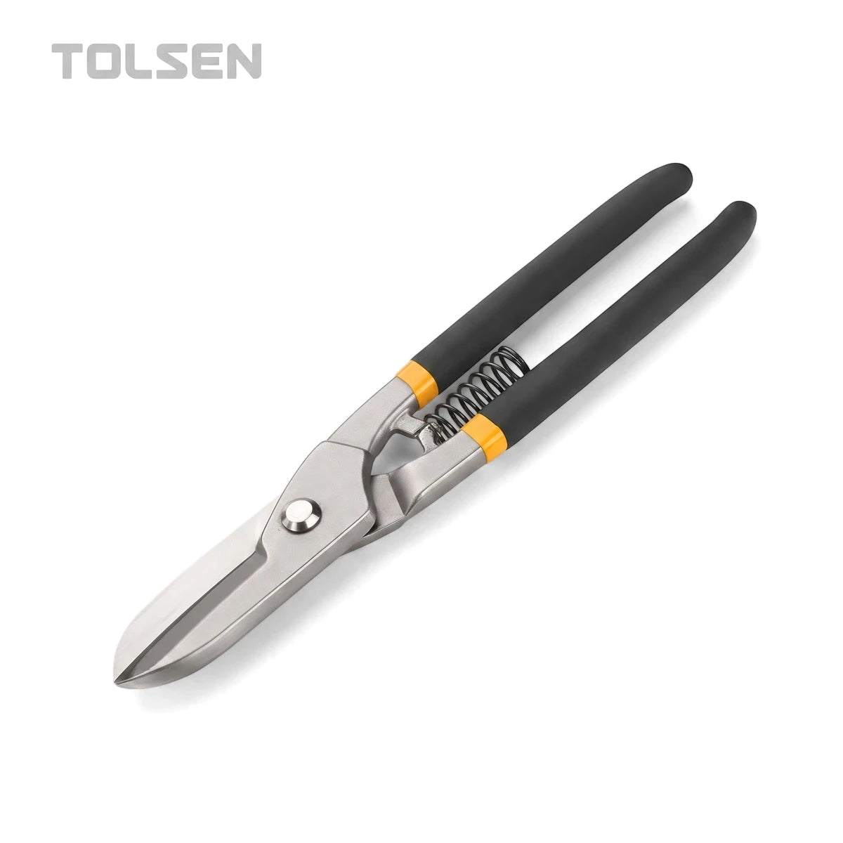 Tolsen 250mm tinsnips with silver metal blades and black rubberized handles, positioned diagonally on a white background.