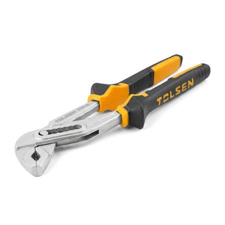 Tolsen 250mm water pump pliers with nickel finish, silver metal jaws, and black and yellow ergonomic handles.
