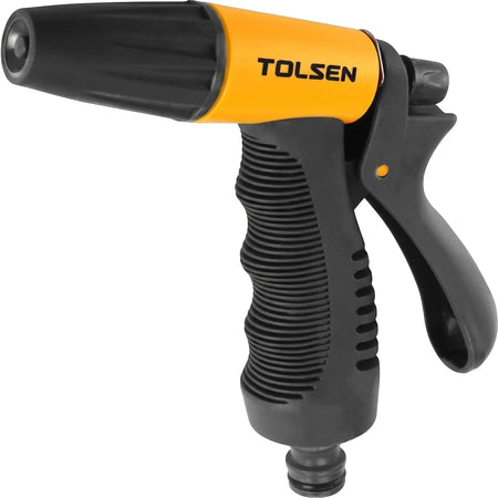 Tolsen 3-Pattern Adjustable Garden Hose Spray Gun in black and yellow with an ergonomic grip, visible from a slight angle.