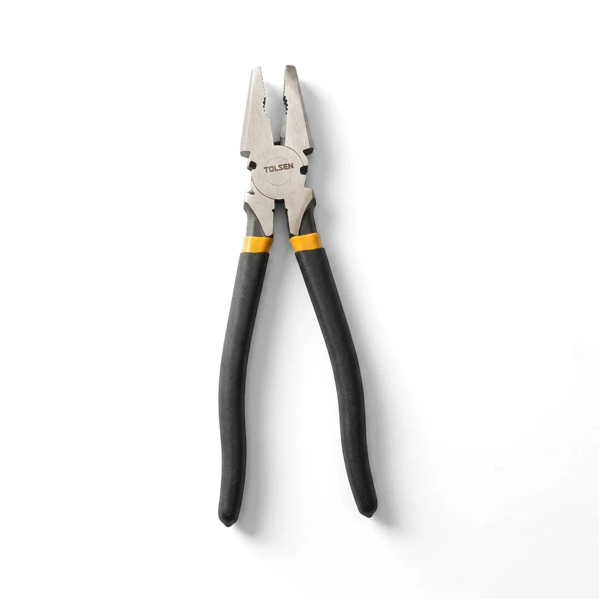 Tolsen 300mm fencing pliers with metallic jaws and ergonomic black and yellow handles. A durable hand tool.