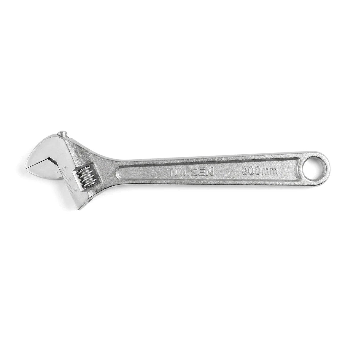 A silver Tolsen 300mm adjustable wrench with a metallic finish, used for gripping and turning nuts and bolts.