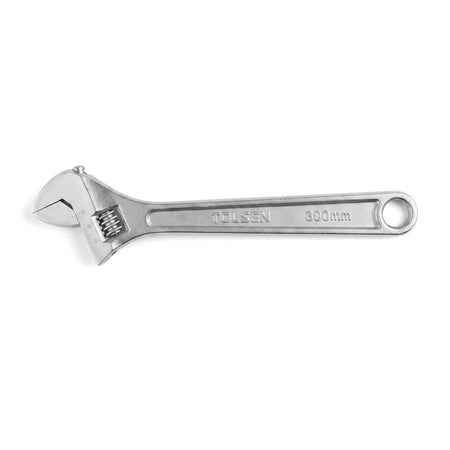 A silver Tolsen 300mm adjustable wrench with a metallic finish, used for gripping and turning nuts and bolts.