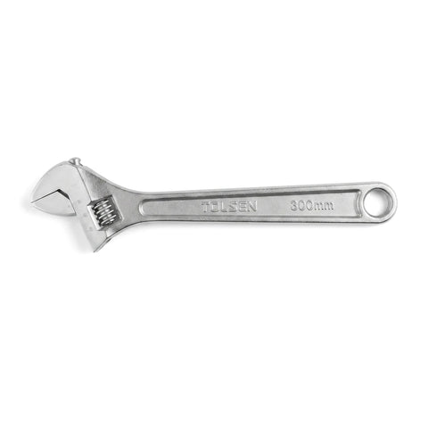 A silver Tolsen 300mm adjustable wrench with a metallic finish, used for gripping and turning nuts and bolts.