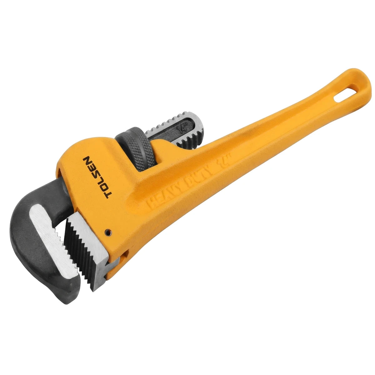 Yellow Tolsen 14-inch heavy-duty pipe wrench with adjustable jaw for plumbing and industrial use, angled view.