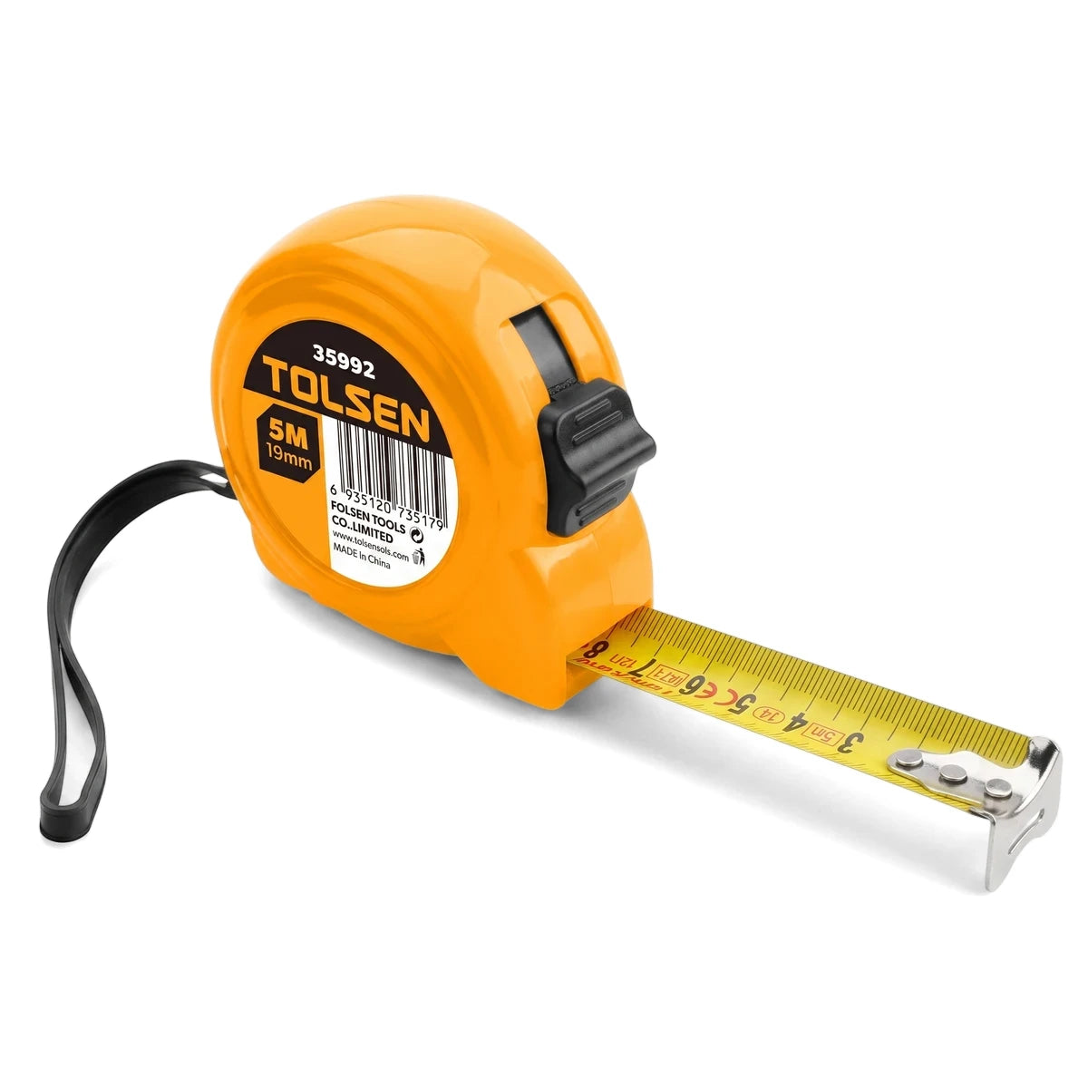 Tolsen 35992 5m orange plastic case tape measure with yellow metric tape for precise measurements