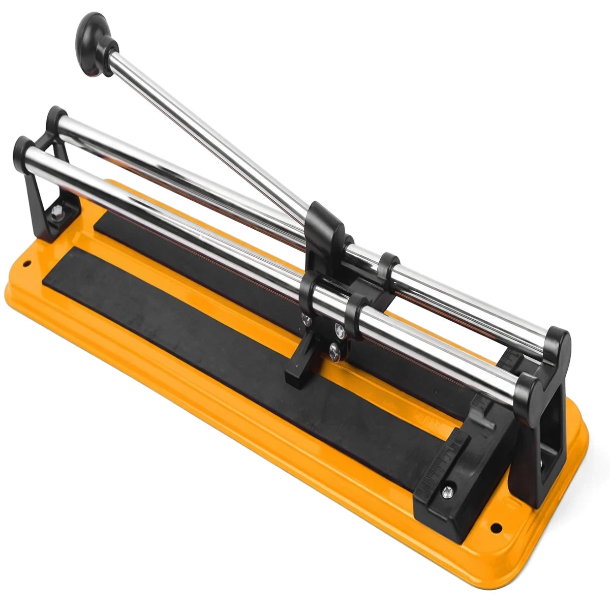 Tolsen 400mm manual tile cutter with a yellow base and chrome rails, shown from an elevated angled view.