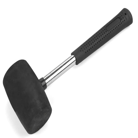 Tolsen 450g (16oz) rubber mallet featuring a black head and a silver steel tubular handle, positioned diagonally.