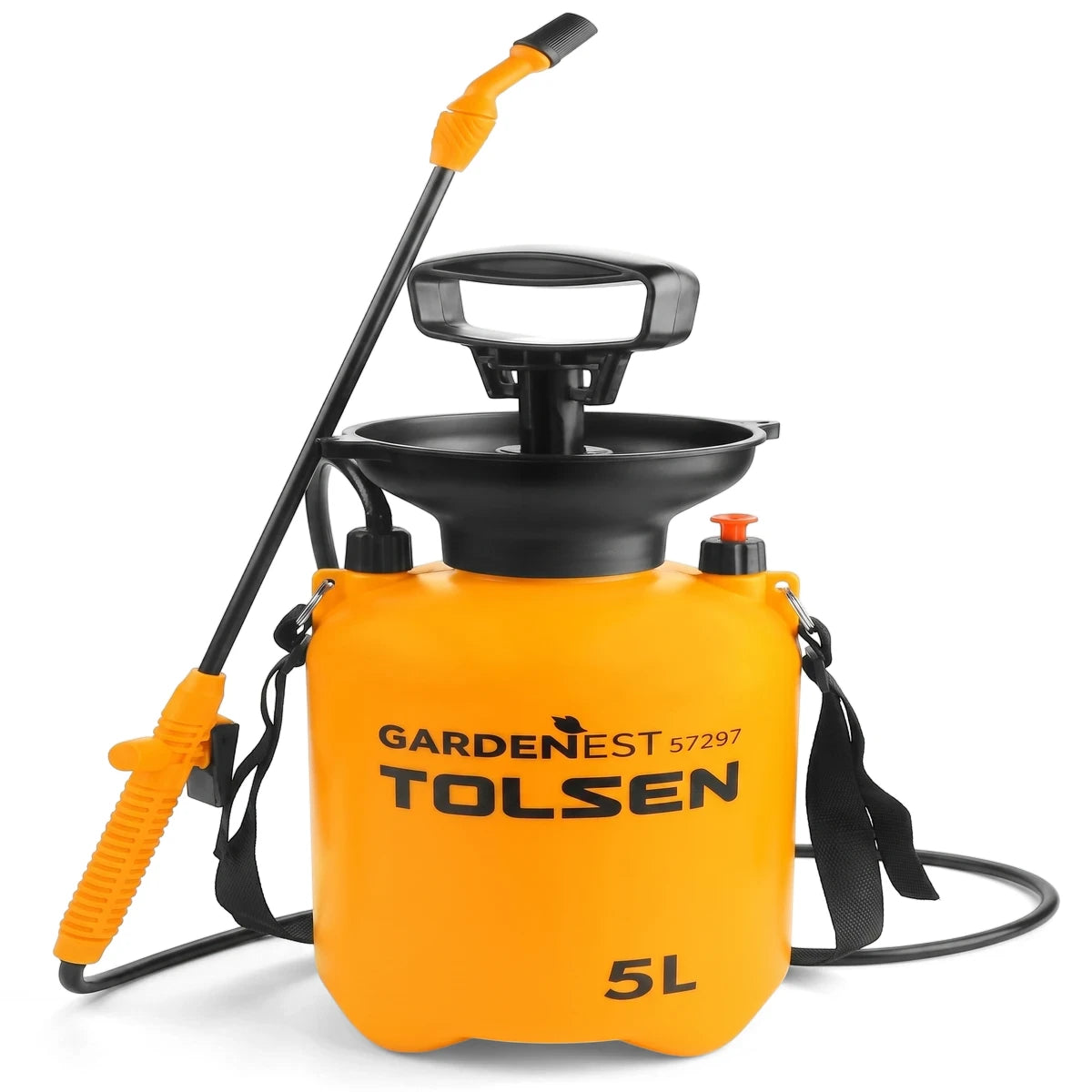 Tolsen 5 Liter pressure garden sprayer in orange and black with pump handle and shoulder strap for gardening tasks.