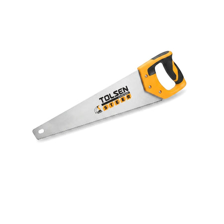 Tolsen 500mm hand saw featuring a sharp silver blade and an ergonomic yellow and black TPR handle for woodworking tasks.