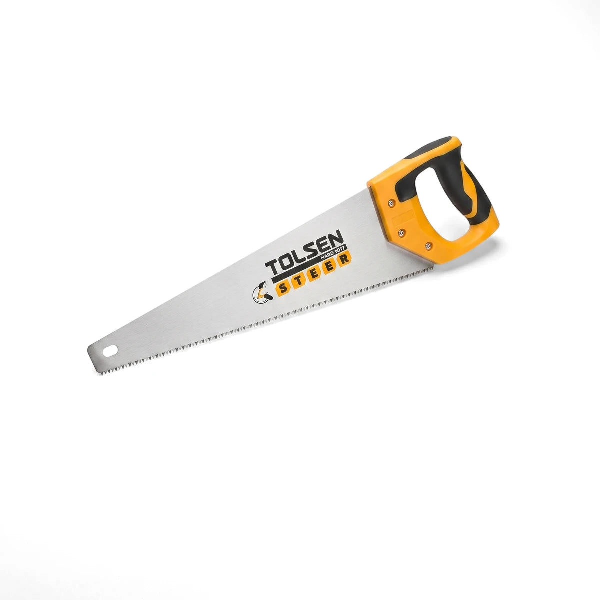 Tolsen 550mm hand saw with a silver blade and an ergonomic yellow and black TPR handle, used for woodworking.
