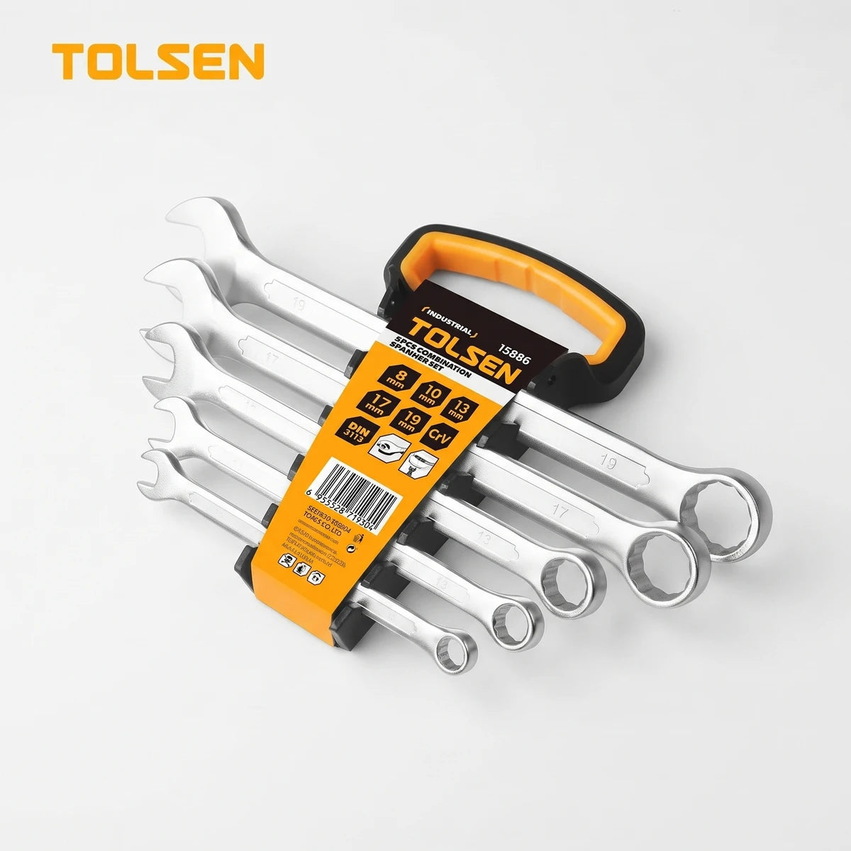 Tolsen 5-piece combination spanner set, 8-19mm, featuring chrome wrenches on a black and orange plastic hanger for easy