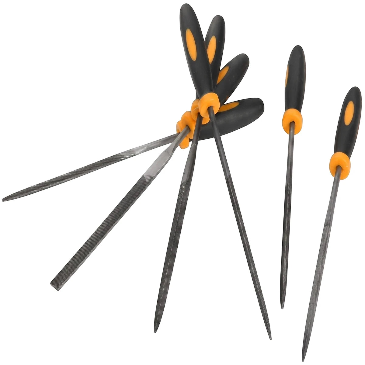 Tolsen 6-piece needle file set with black and orange handles, featuring various shapes for precision work.