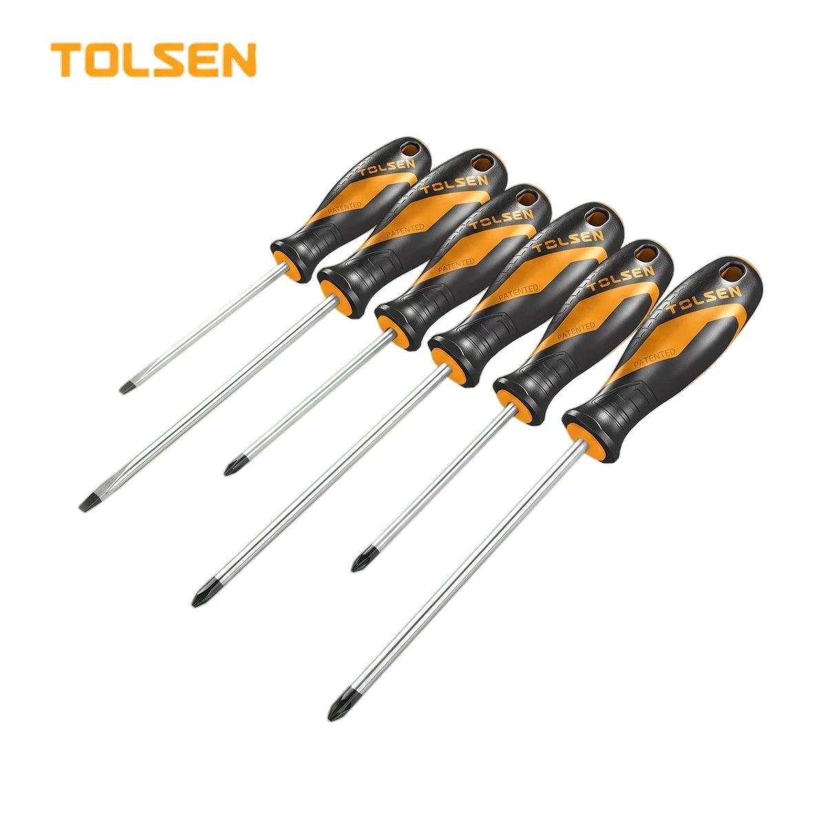 Tolsen 6-piece screwdriver set featuring black and orange handles with various flat and Phillips head tips.