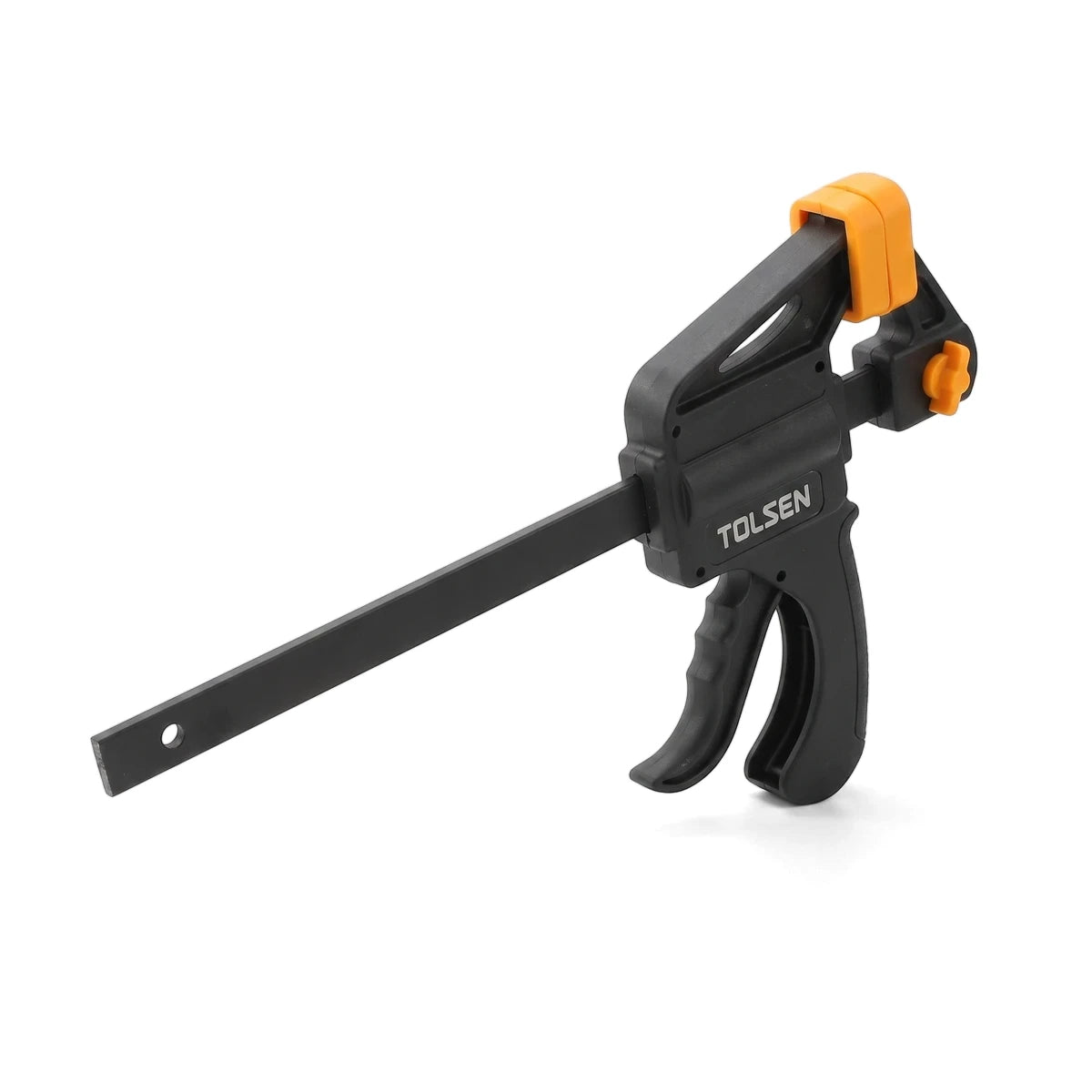A black and orange Tolsen 600mm One-Hand Quick Clamp, a versatile woodworking tool, shown against a white background.