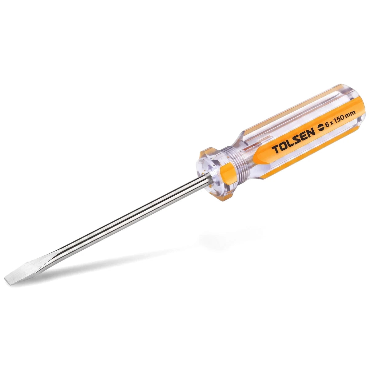 Tolsen 6x150mm slotted screwdriver with a clear and orange handle, a versatile hand tool for various repair tasks.