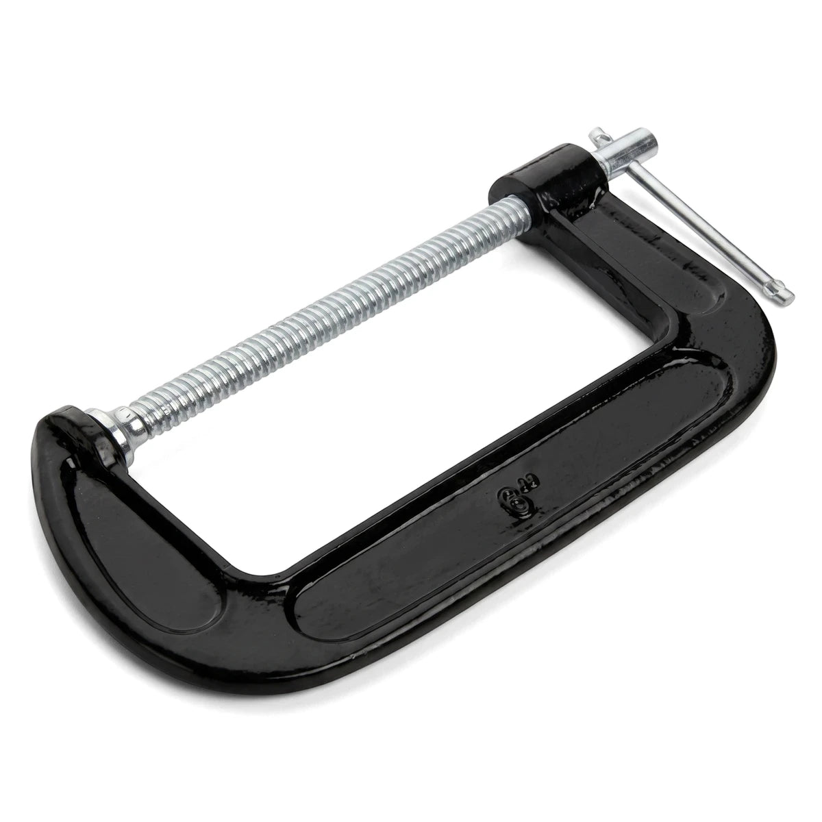 A black Tolsen 75mm G-clamp made of durable steel, featuring a silver threaded screw and handle, viewed from an angled