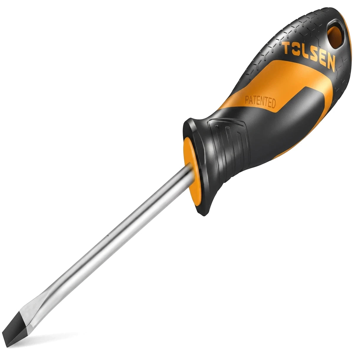 Tolsen 8.0 x 150mm slotted screwdriver with black and yellow ergonomic handle and silver shaft, shown diagonally.