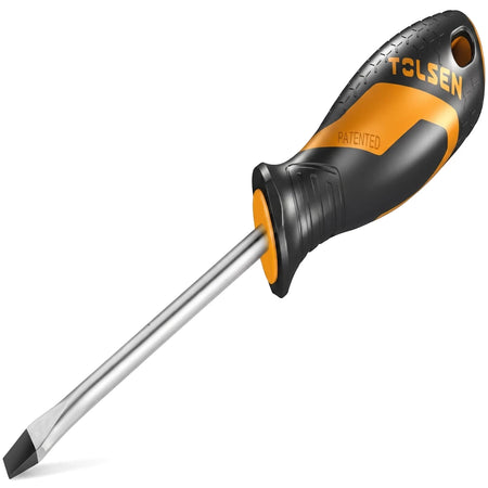 Tolsen 8.0 x 150mm slotted screwdriver with black and yellow ergonomic handle and silver shaft, shown diagonally.
