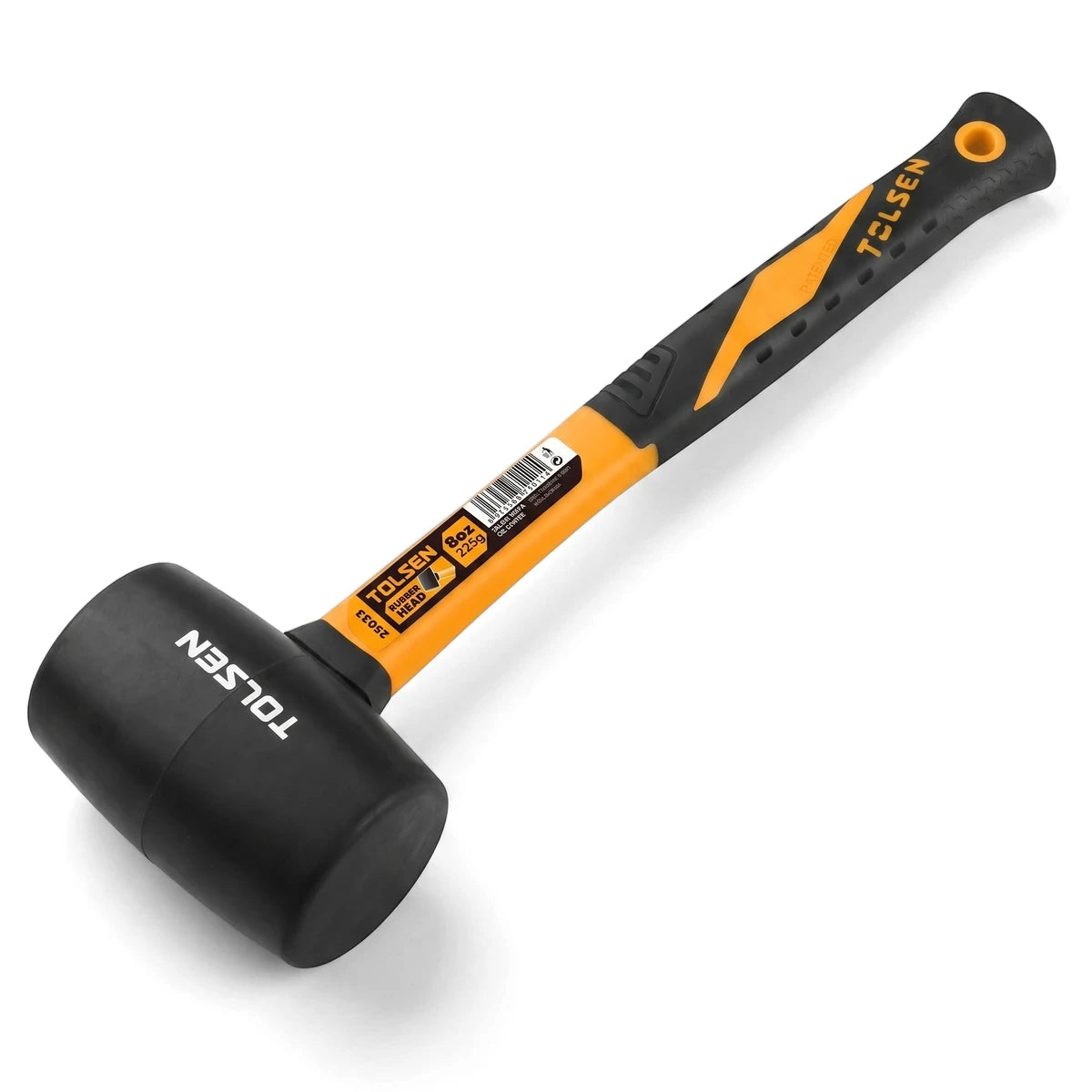 Tolsen 8oz (225g) rubber mallet featuring a sturdy black head and an ergonomic orange and black fiberglass handle for impact