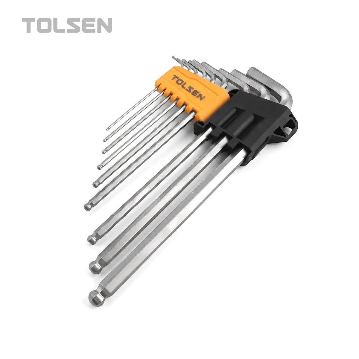 Tolsen 9-piece extra long ball end Allen key set with chrome finish, organized in a black and orange plastic holder.