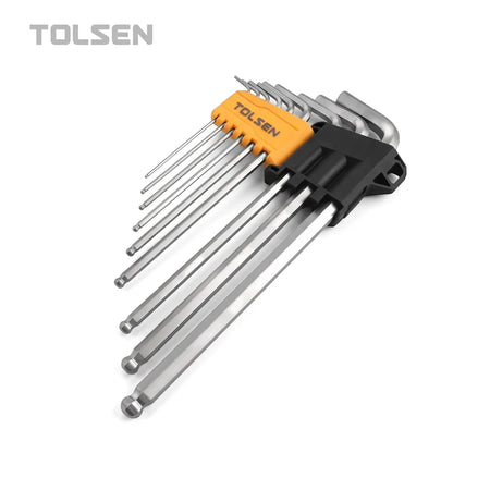 Tolsen 9-piece extra long ball end Allen key set with chrome finish, organized in a black and orange plastic holder.